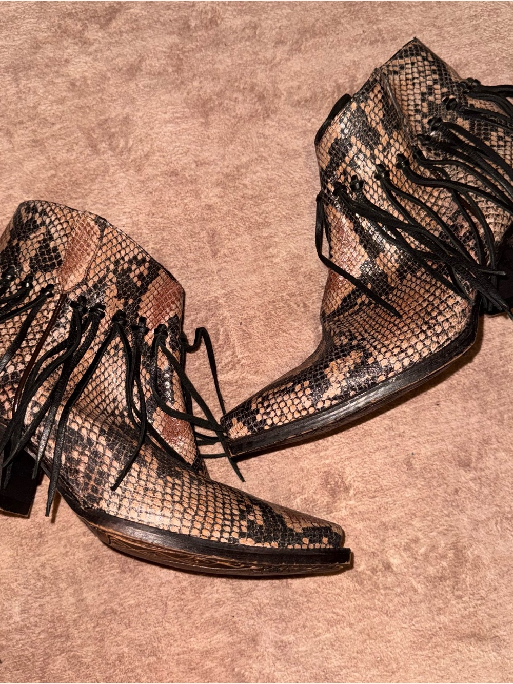 Tony Lama Anahi Snip Toe Booties Fringe Snake Print Snakeskin 7.5 - Picture 2 of 6